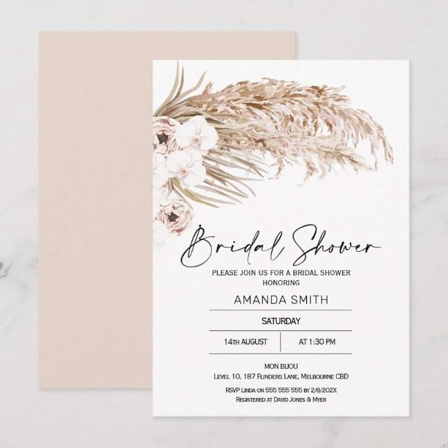 Bohemische Obstplantagen Pampas Grass Brautparty Einladung (Vorne/Hinten)