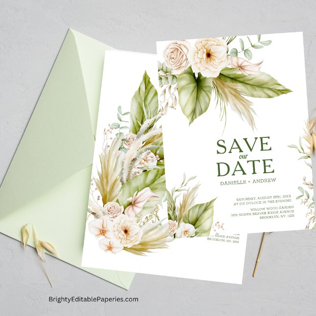 Bohemische Pampas-Grasshochzeit Save The Date (Boho Pampas Love: Save the Date for Our Tropical Bohemian Wedding.)