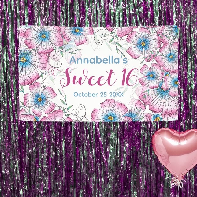Bohemische Pastel Floral Pink Blue Sweet 16 Banner (Von Creator hochgeladen)