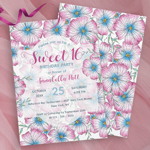 Bohemische Pastel Floral Pink Blue Sweet 16 Einladung