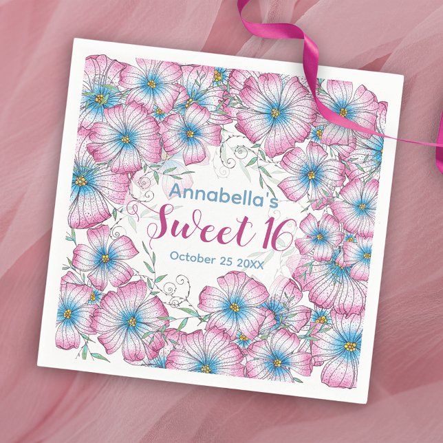 Bohemische Pastel Floral Pink Blue Sweet 16 Serviette (Von Creator hochgeladen)