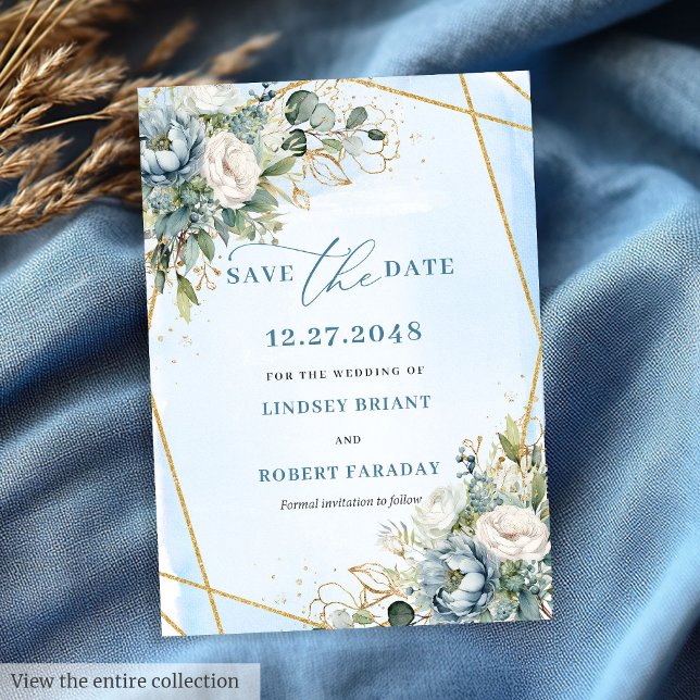 Bohemische Pastellblauer Weißer Goldpione Rett Dat Einladung (Bohemian Pastel Blue White Gold Peonies Save The Date)