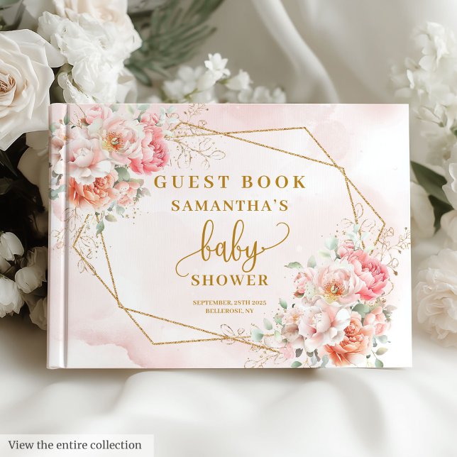 Bohemische Pastellrosa Salbei Blütengolddusche Gästebuch (Bohemian pastel pink sage floral gold baby shower Guest Book)