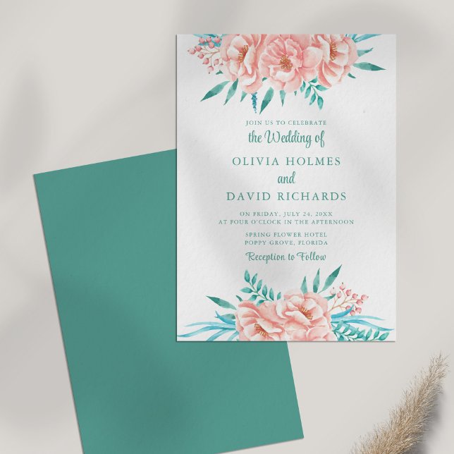 Bohemische Pfirsich und türkisfarbene Hochzeit Einladung (Bohemian Peach and Turquoise Floral Wedding Invite on white table.)