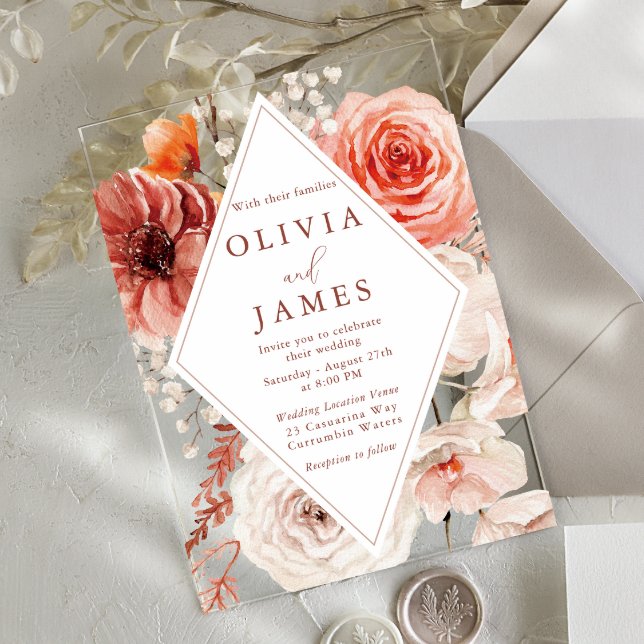 Bohemische Rahmen mit Blumenmuster Moderne Hochzei Acryleinladungen (Von Creator hochgeladen)