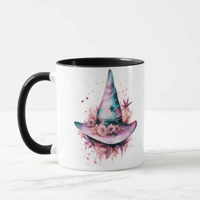 Bohemische Rosa und Blauer Hexenhut Halloween Tasse (Links)