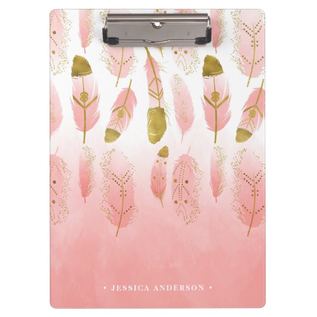 Bohemische Rosa und Gold Feathers Ombre Clipboard Klemmbrett (Vorderseite)