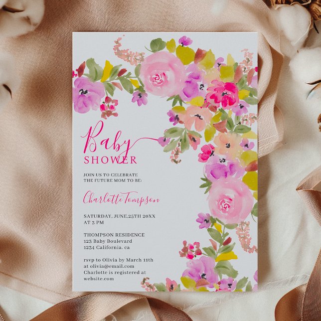 Bohemische rosa Wildblumen Federbaby Dusche Einladung (Bohemian pink wildflowers spring baby shower invitation)