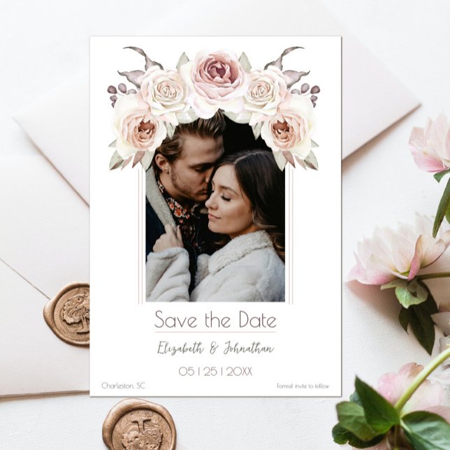 Bohemische Rose Arch Foto Save The Date (Bohemian Rose Arch Photo Save the Date)