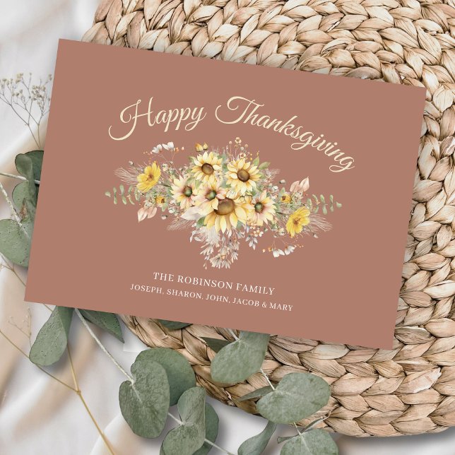 Bohemische Rose Blumenblumen Glücklich Erntedanken Feiertagskarte (elegant bohemian sunflowers happy thanksgiving cards with no photo family name and message on back)