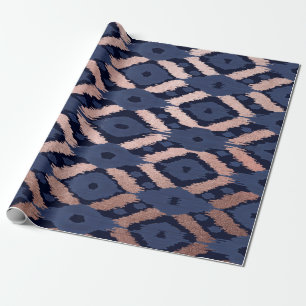 Bohemische Rose Gold Navy Blue Ikat Muster Geschenkpapier