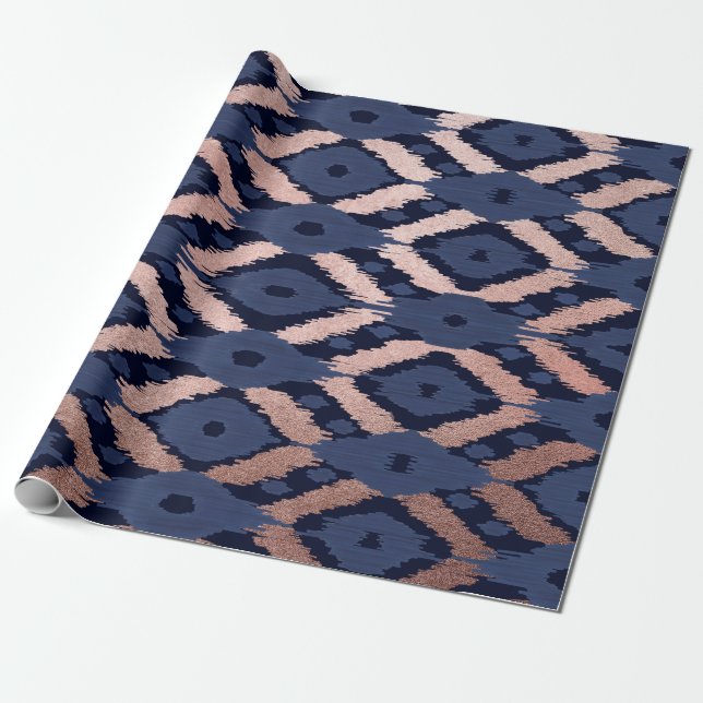 Bohemische Rose Gold Navy Blue Ikat Muster Geschenkpapier (Ungerollt)