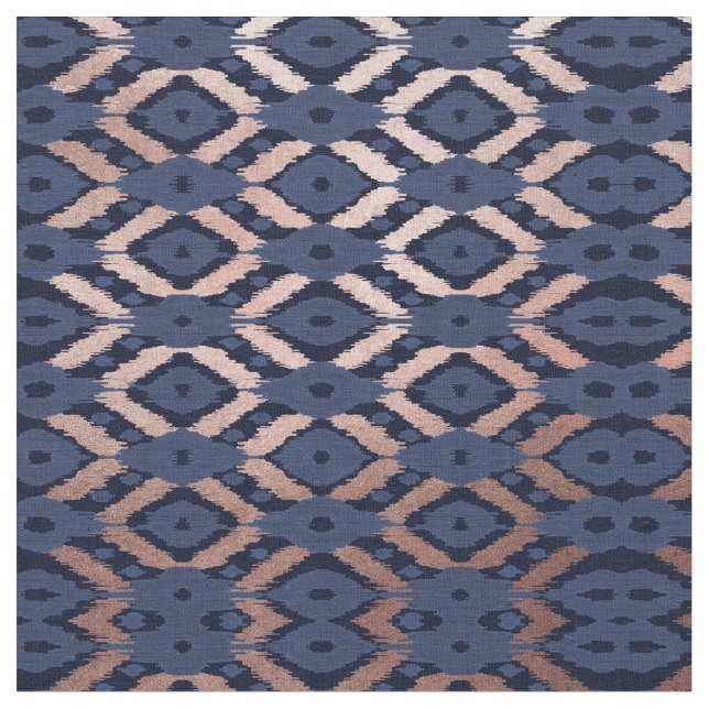 Bohemische Rose Gold Navy Blue Ikat Muster Stoff (Nahaufnahme)