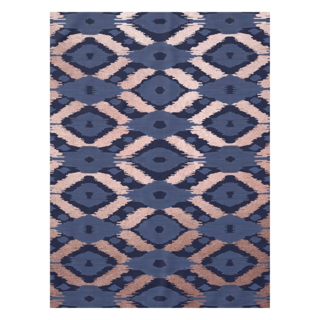 Bohemische Rose Gold Navy Blue Ikat Muster Tischdecke (Vorderseite)
