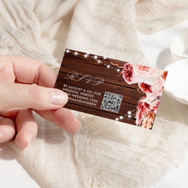 Bohemische Rose Rustic Wood Wedding QR Code UAWG Begleitkarte (Von Creator hochgeladen)
