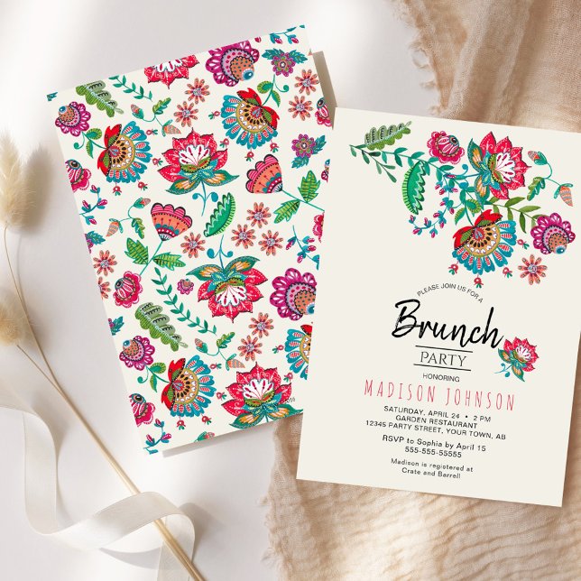 Bohemische Rote Folk-Blume Brunch-Party Einladung (Floral Brunch Party Invitation Colorful Flowers)
