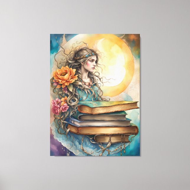 Bohemische Stildame, Mond, Blume und Bücher Leinwanddruck (Vorderseite)