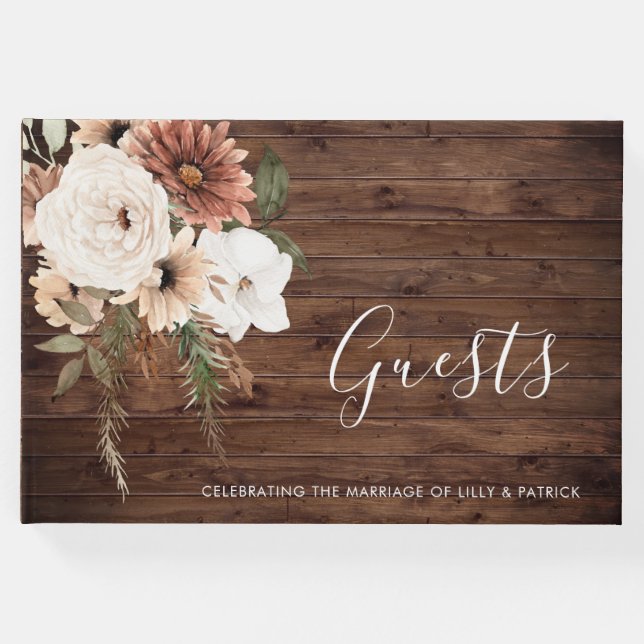 Bohemische Terracotta Hochzeit Rustikales Holz Gästebuch (Vorderseite)