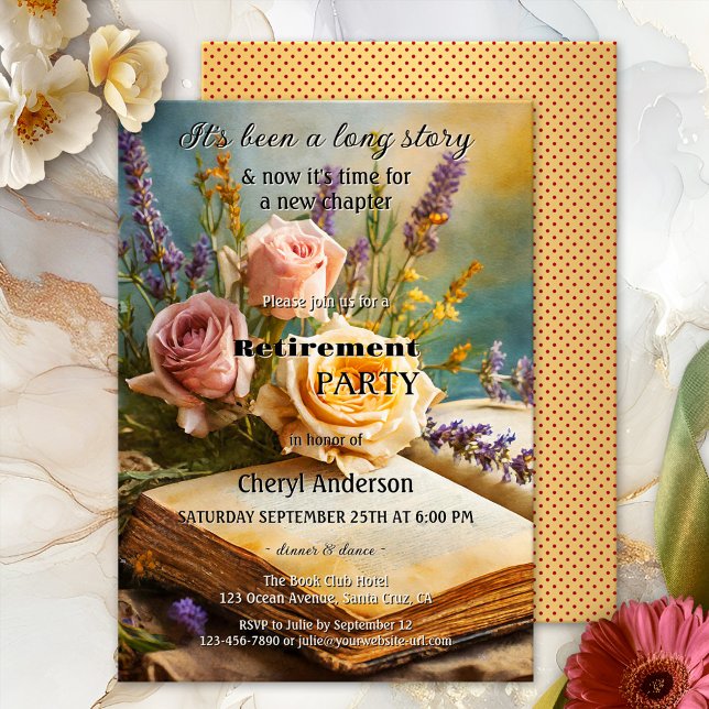 Bohemische Vintage Bücher - Blumenruhestand Einladung (Shabby chic or bohemian retirement invitation showing a vintage book with pretty roses and lavender)