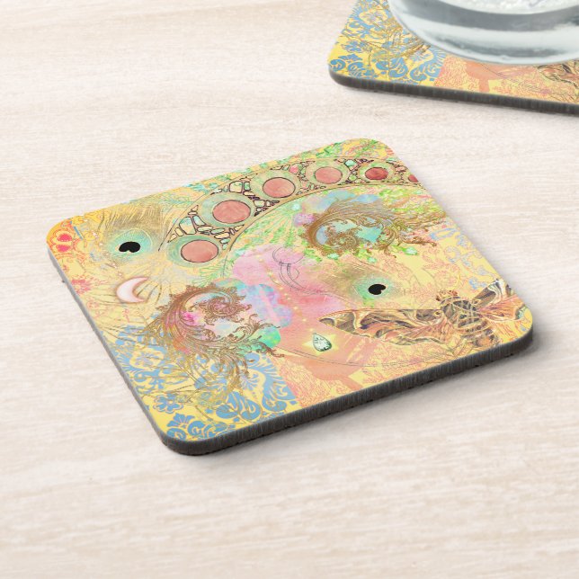 Bohemische Vintage Damastfeder Hippie-Pastellfarbe Getränkeuntersetzer (Linke Seite)