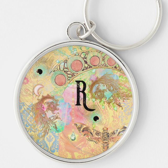 Bohemische Vintage Damastfeder Hippie-Pastellfarbe Schlüsselanhänger (Vorne)