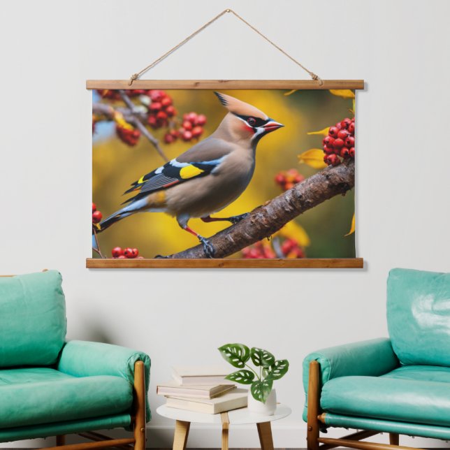 Bohemische Waxwing Wall Tapestry Wandteppich Mit Holzrahmen (Wohnzimmer)
