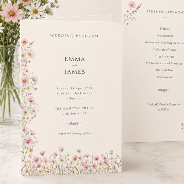 Bohemische Whimsical Wildblumen Hochzeitsprogramm Programm (Bohemian Whimsical Wildflowers Folded Wedding Program)