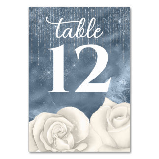 Bohemische White Rose Dusty Blue und Silver Weddin Tischnummer
