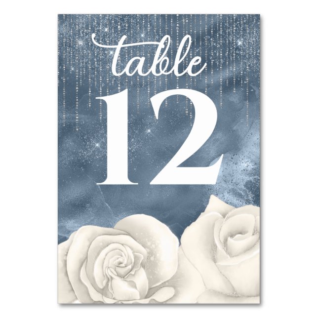 Bohemische White Rose Dusty Blue und Silver Weddin Tischnummer (Vorderseite)