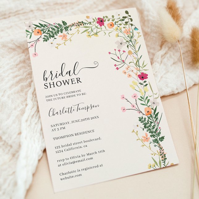 Bohemische Wiesenwild-Blume Brautparty Einladung (Bohemian meadow wild flowers spring bridal shower invitation)