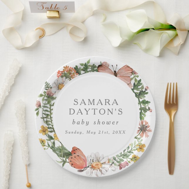 Bohemische Wildblume Butterfly Babydusche Pappteller (Hochzeit)
