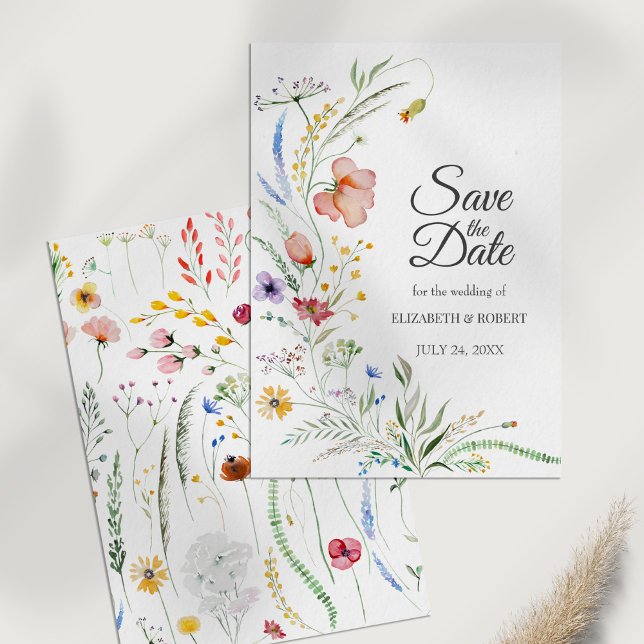Bohemische Wildblumen Save the Date Karte (Bohemian Watercolor Wildflowers Save The Date Card on a white table.)