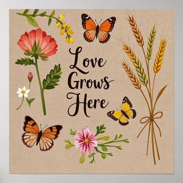 Bohemische Wildblumen, Schmetterlinge, Weizenhalme Poster (Vorne)