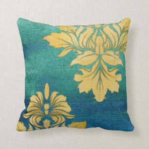 Bohemische Wüste BOHO Blue Gold Damask Blätter A Kissen