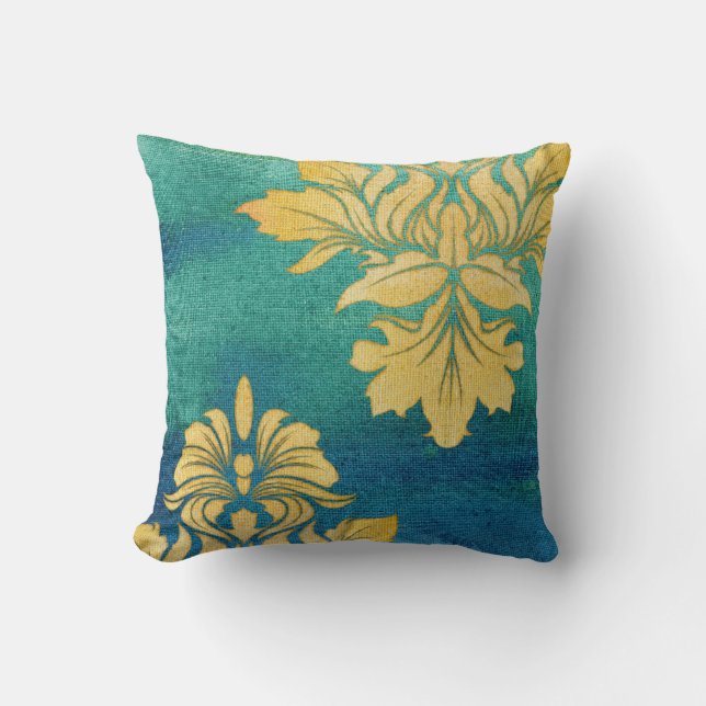 Bohemische Wüste BOHO Blue Gold Damask Blätter Art Kissen (Vorderseite)
