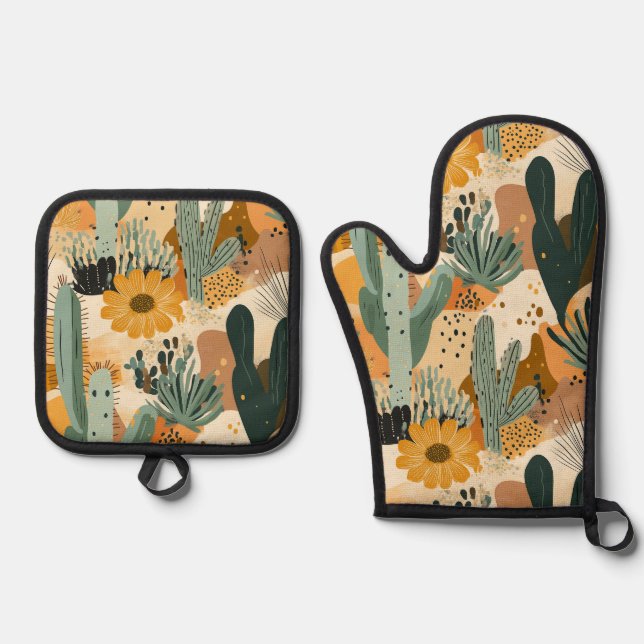 Bohemische Wüstensekaktus und Blumenmuster Ofenhandschuh & Topflappen-Set (Vorderseite)