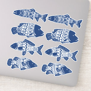 Bohemischer blauer Blütenfisch Gemustert Aufkleber