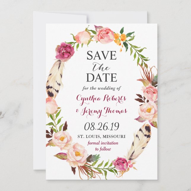 Bohemischer Blumenschreath Feather Boho Save the D Save The Date (Vorderseite)