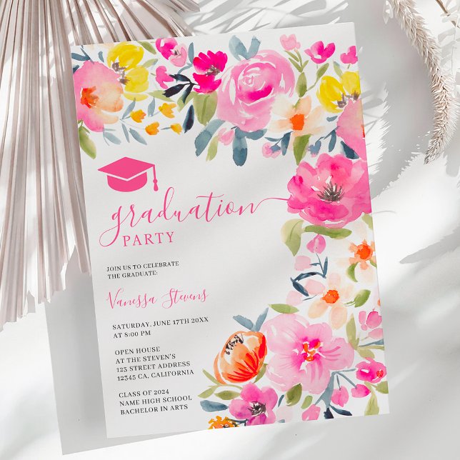 Bohemischer, fett blühender Abschluss Einladung (Bohemian bold floral watercolor pink graduation invitation)