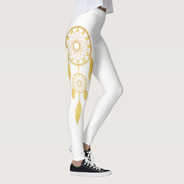 Bohemischer goldener Feder-Traum-Fänger Leggings (Rechts)