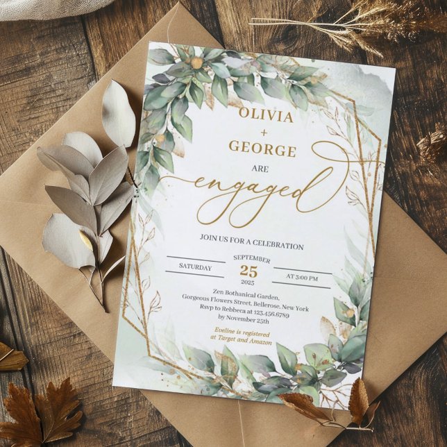 Bohemischer grüner Eukalyptus und goldene Verlobun Einladung (Watercolor eucalyptus leaves and gold frame engagement invitation digital )