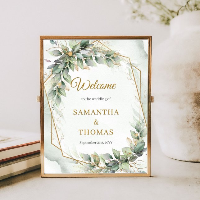 Bohemischer grüner Eukalyptus und goldener Hochzei Poster (Bohemian green eucalyptus and gold wedding welcome tabletop sign)