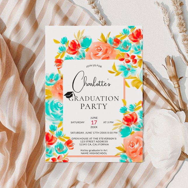 Bohemischer hellorangefarbener Abschluss Einladung (Bohemian bright orange blue floral graduation invitation)