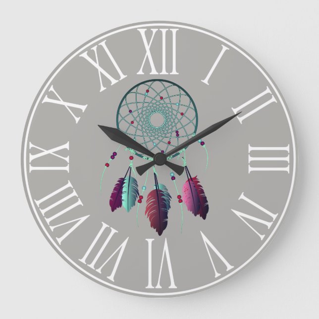 Bohemischer lila u. aquamariner Traumfänger Große Wanduhr (Vorderseite)