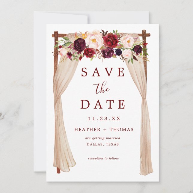 Bohemischer Marsala Burgundy Blumenarsch Save The Date (Vorderseite)