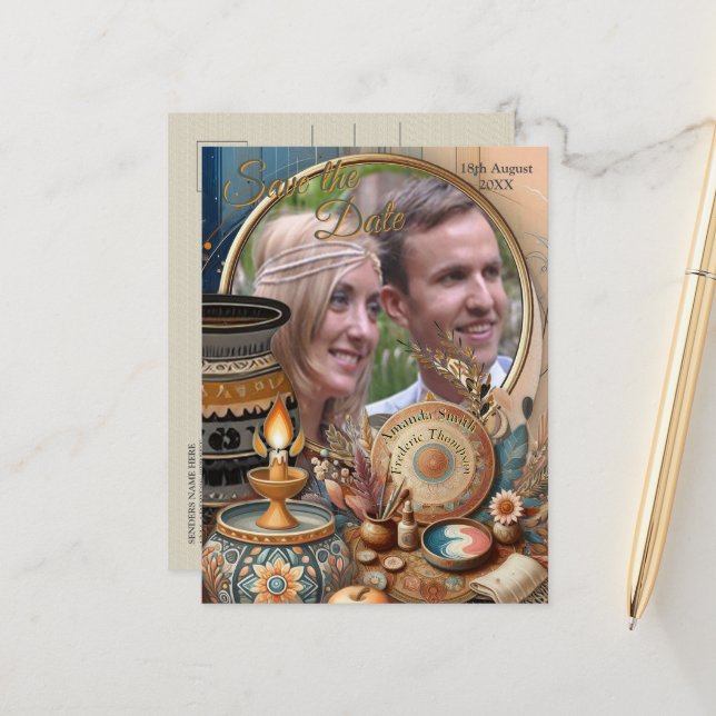 Bohemischer Mix aus aquamarinem Magenta, lila auf  Ankündigungspostkarte (Vorderseite/Rückseite Beispiel)