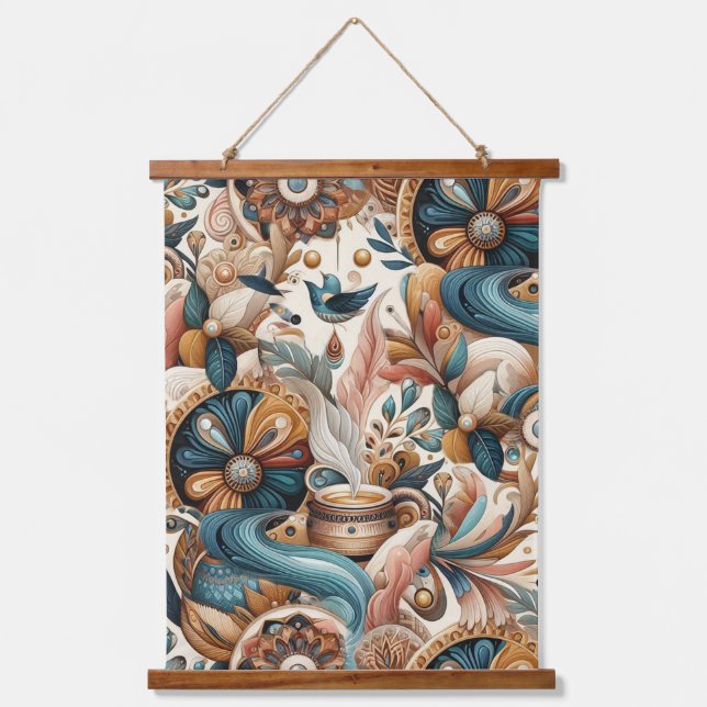 Bohemischer Mix aus aquamarinem Magenta, lila auf  Wandteppich Mit Holzrahmen (Vorderseite)