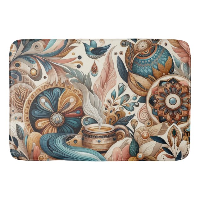 Bohemischer Mix aus aquamarinen, magentafarbenen,  Badematte (Vorderseite)