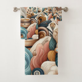 Bohemischer Mix aus aquamarinen, magentafarbenen,  Badhandtuch Set