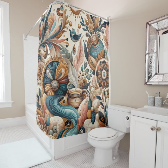 Bohemischer Mix aus aquamarinen, magentafarbenen,  Duschvorhang (Beispiel)